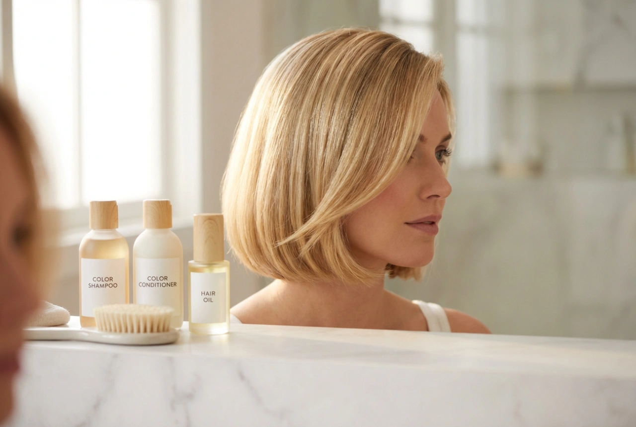 Kort blondt hår: styling med farvebeskyttelse og glans