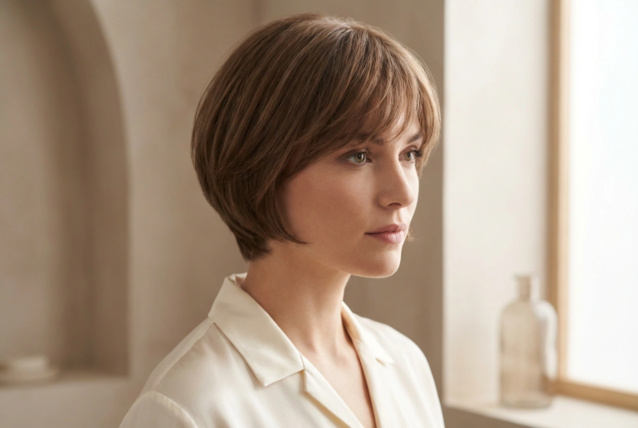 Kort frisure med pandehår: volumen ved rødderne og en blød finish