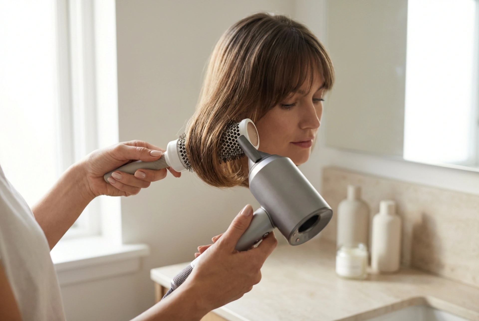 Mellemlangt hår med pandehår: føntørring, styling og langvarigt hold