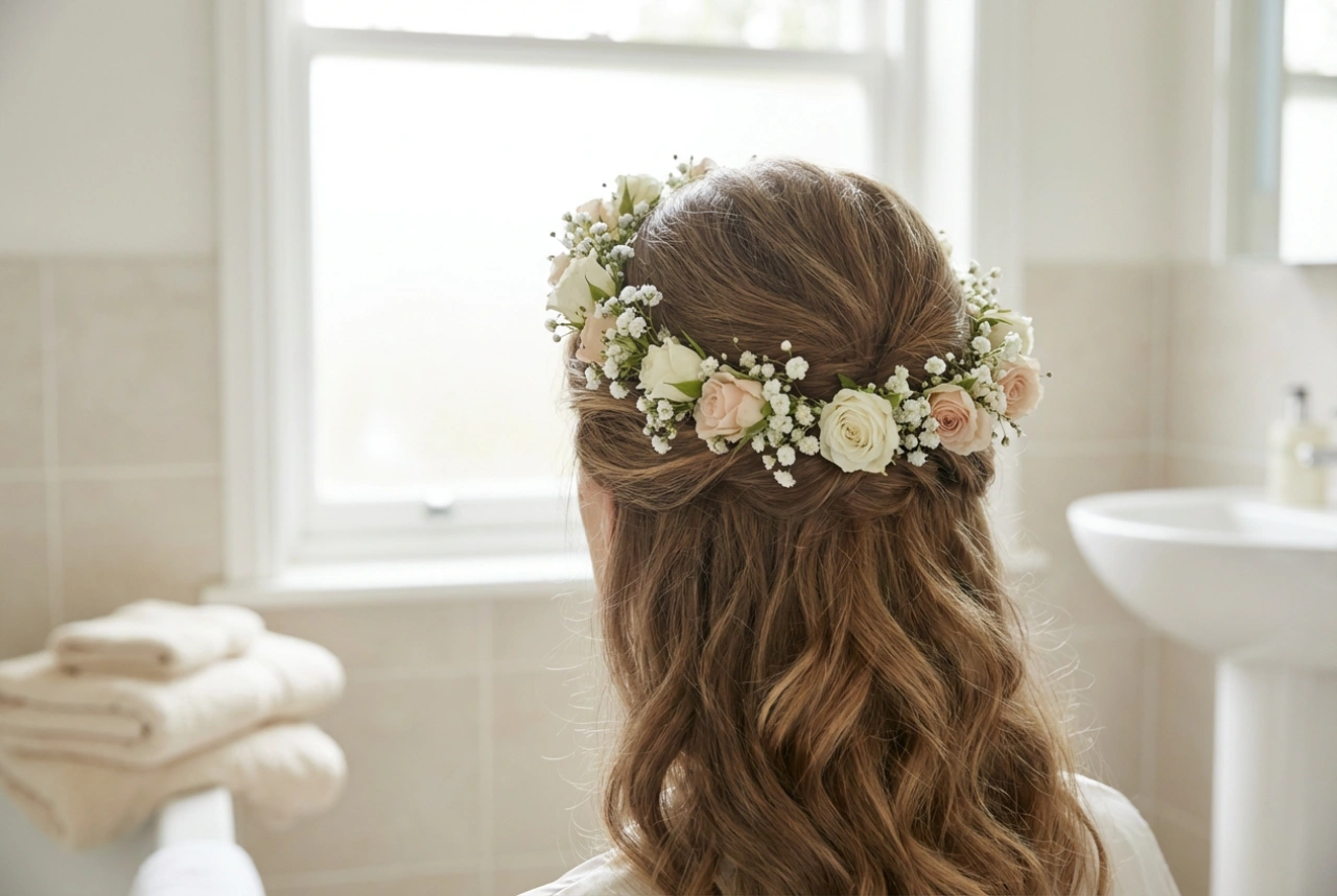 Blomsterkrans og brudefrisurer: Bølger, halvopsætninger og holdbarhed