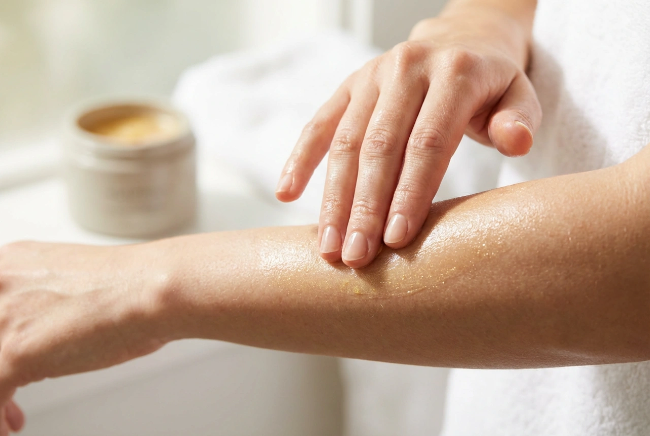 Guldpartikler i hudpleje: Bodylotion med guldpartikler og jævn påføring