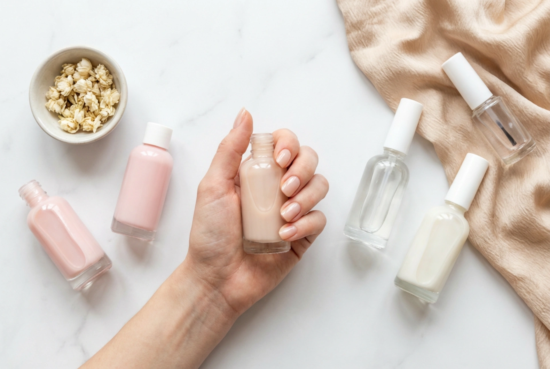 Naturlig hybridmanicure: opbyggende baser, mælkeagtige nuancer og finish