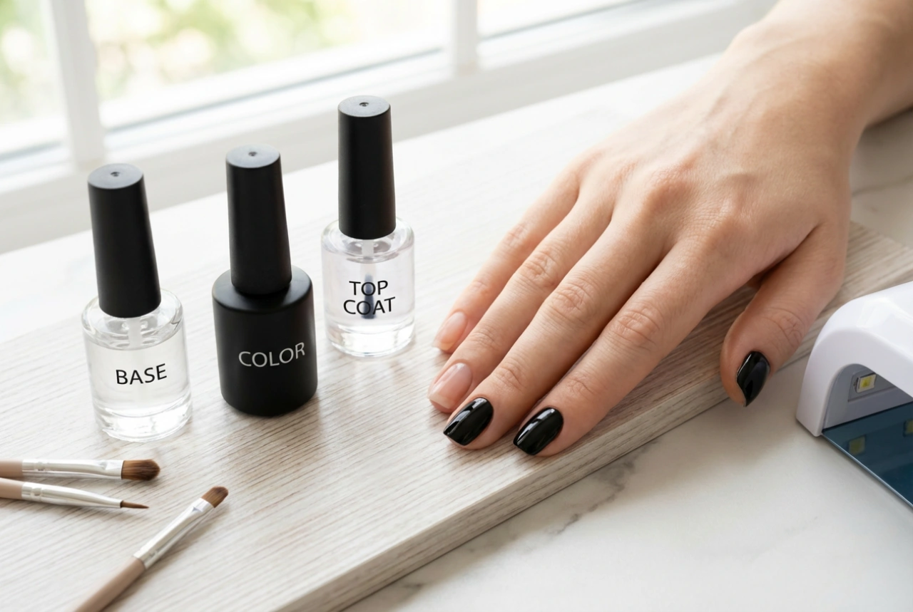 Sorte gelénegle trin for trin: base, farve og topcoat