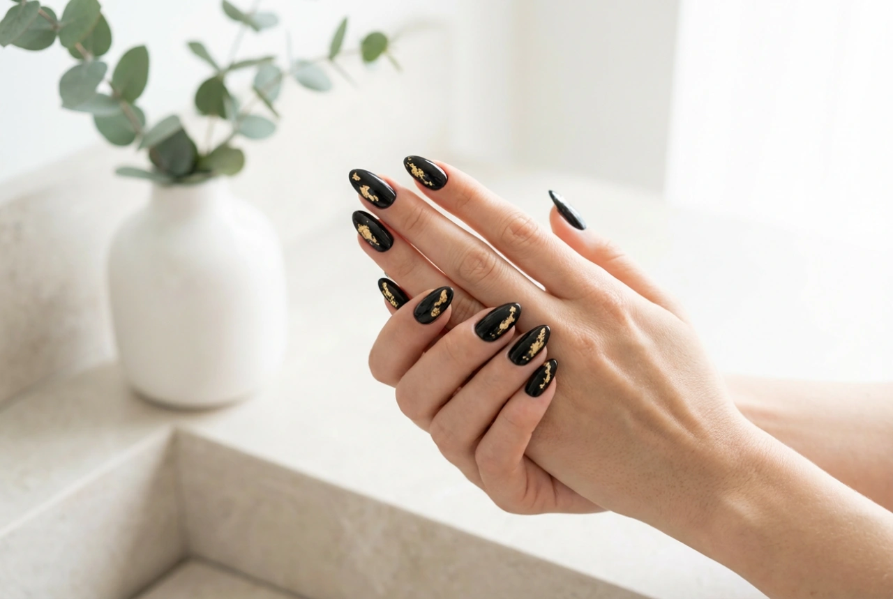 Elegante kombinationer: Sorte negle med guld trin for trin