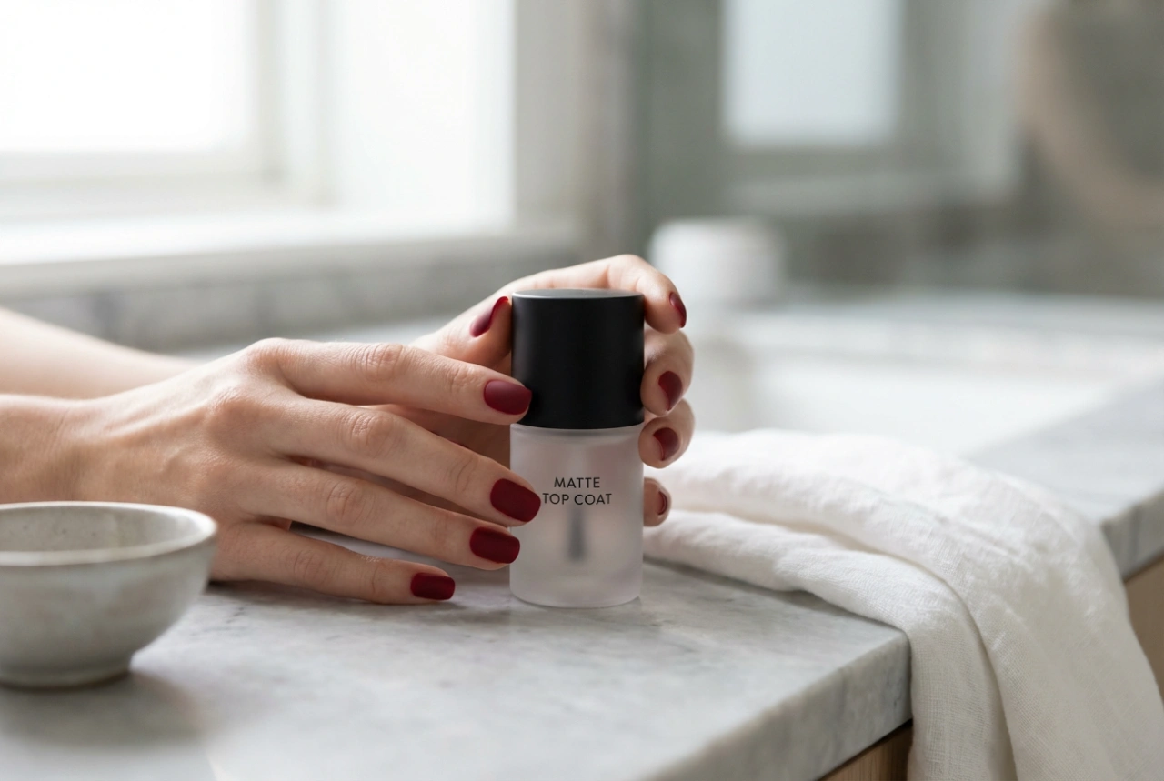 Røde matte negle uden slid: mat topcoat og pleje