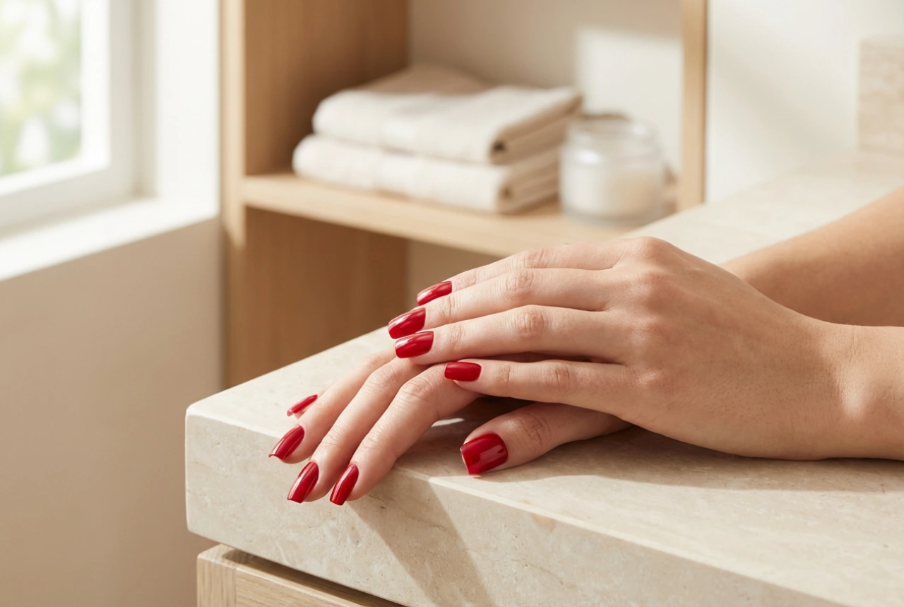 Røde firkantede negle: filing, lakering og finish