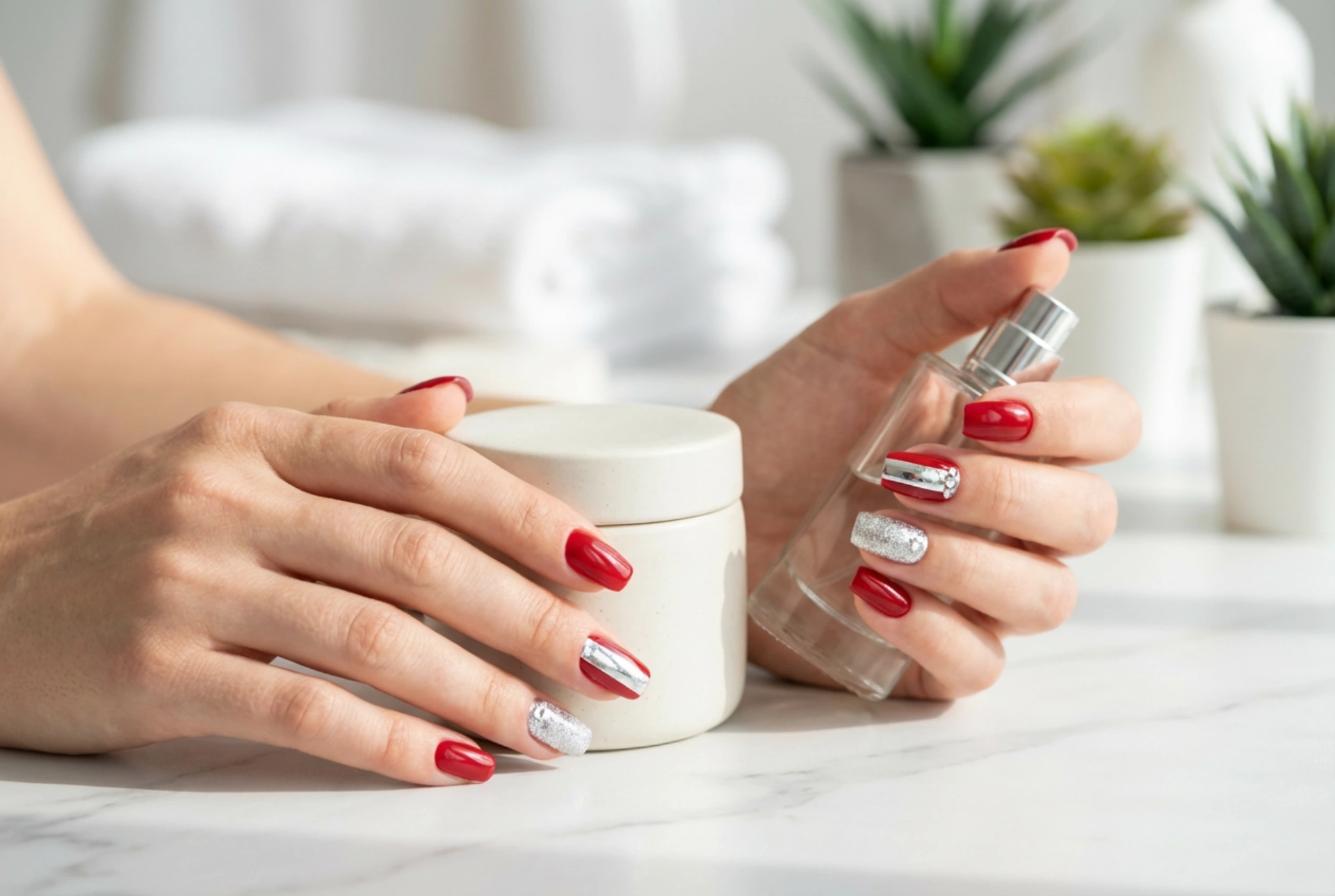 Røde negle med sølv: Sådan kombinerer du glitter, folie og rhinsten
