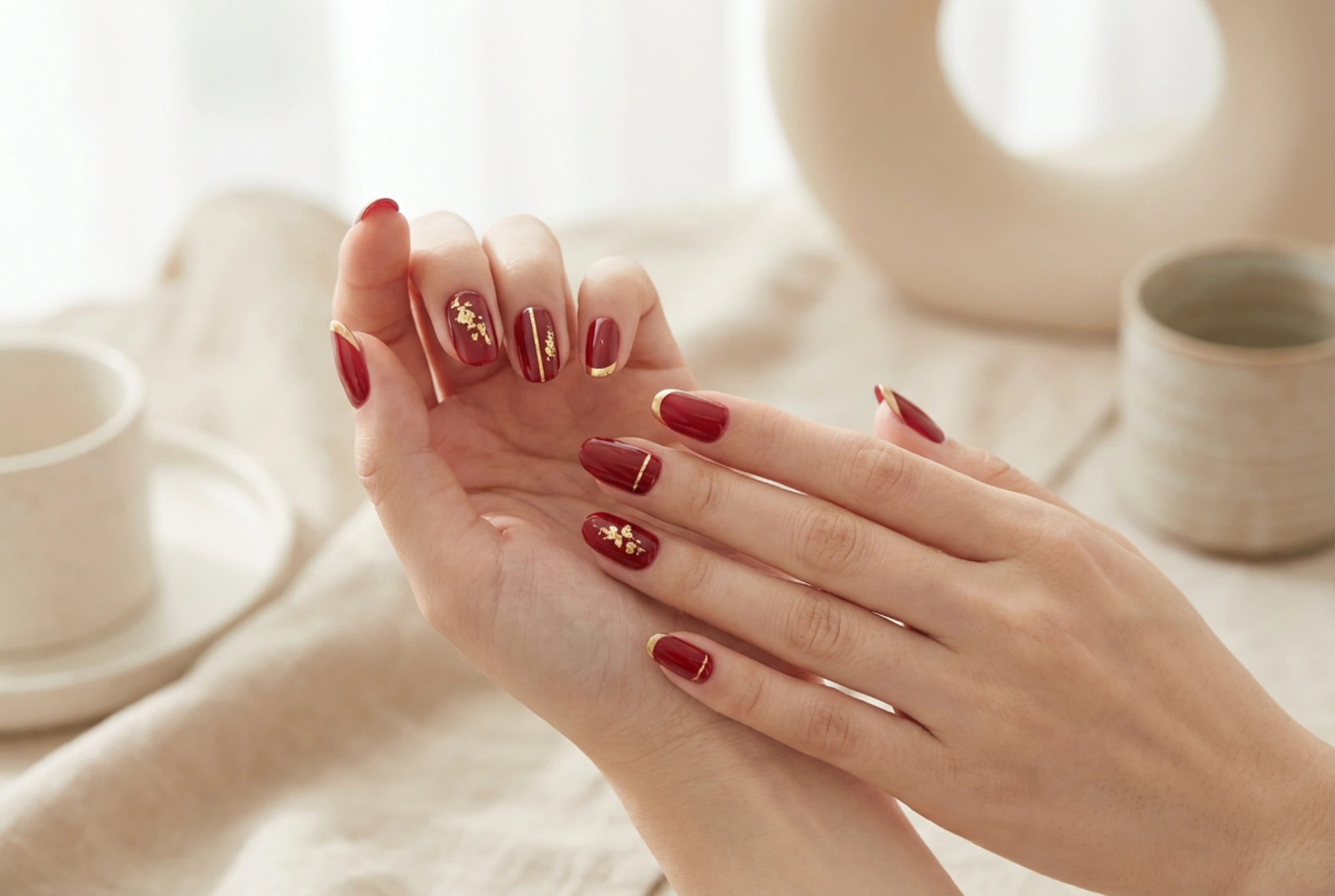 Guldaccenter på røde negle: folier, striber og fransk manicure