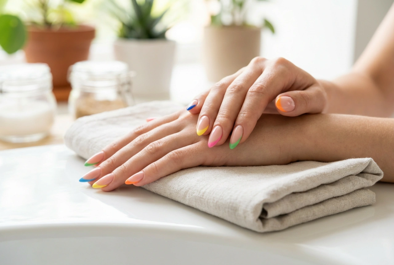 Farverige neglespidser trin for trin: Præcis fransk manicure uden striber