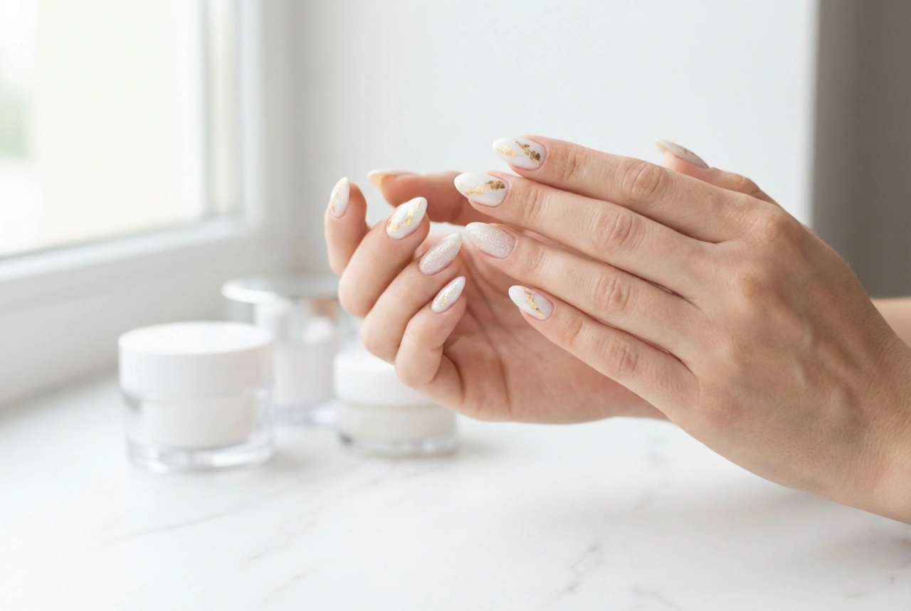 Hvide og guld negle: en elegant manicure med folie og glitter