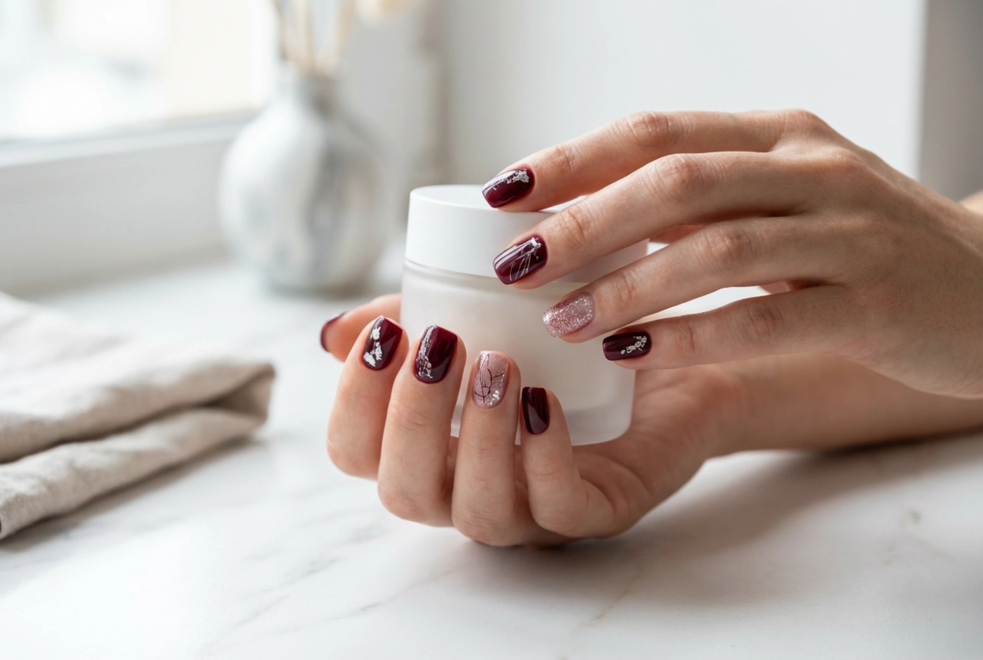 Bordeaux negle med sølv: metalliske accenter, folie og glitter