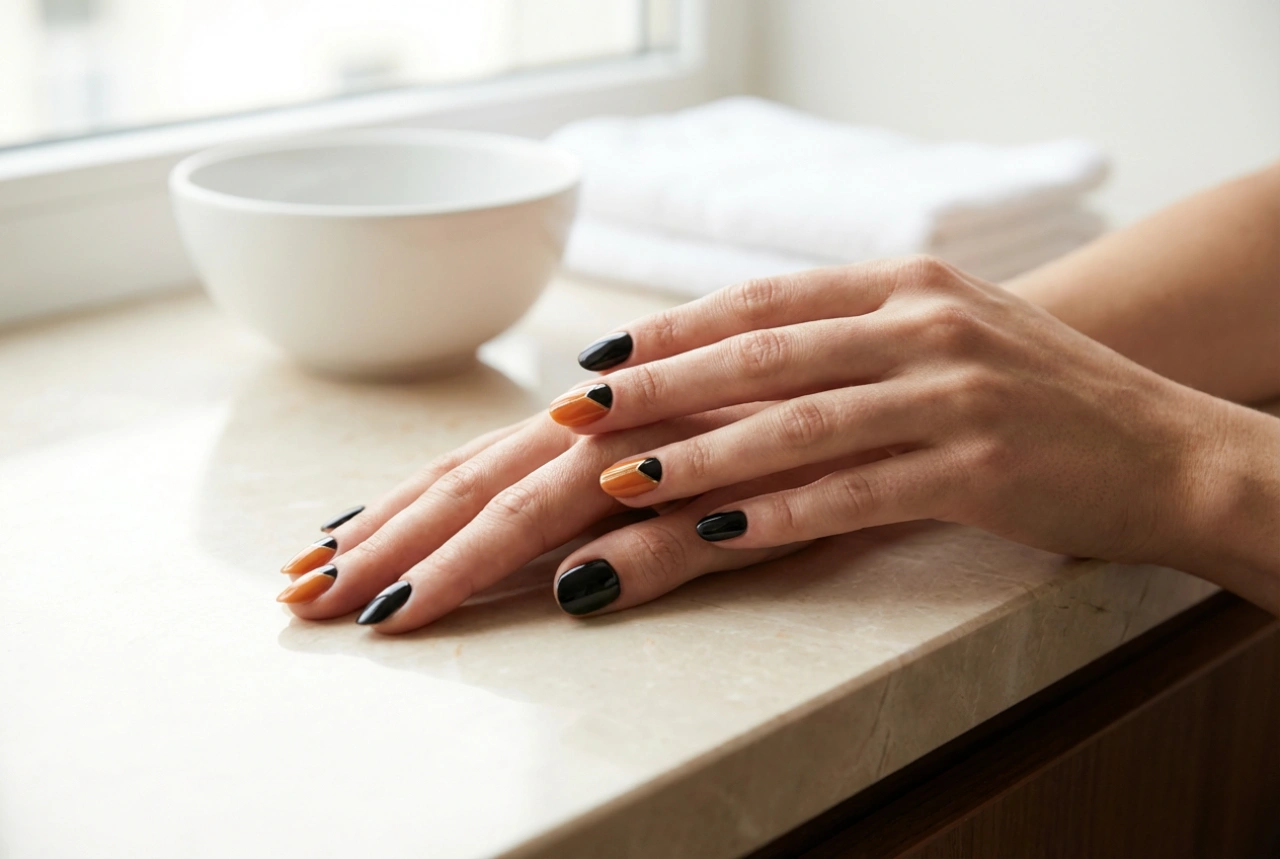 Sort-orange negle: hverdags- og halloweenstyling trin for trin