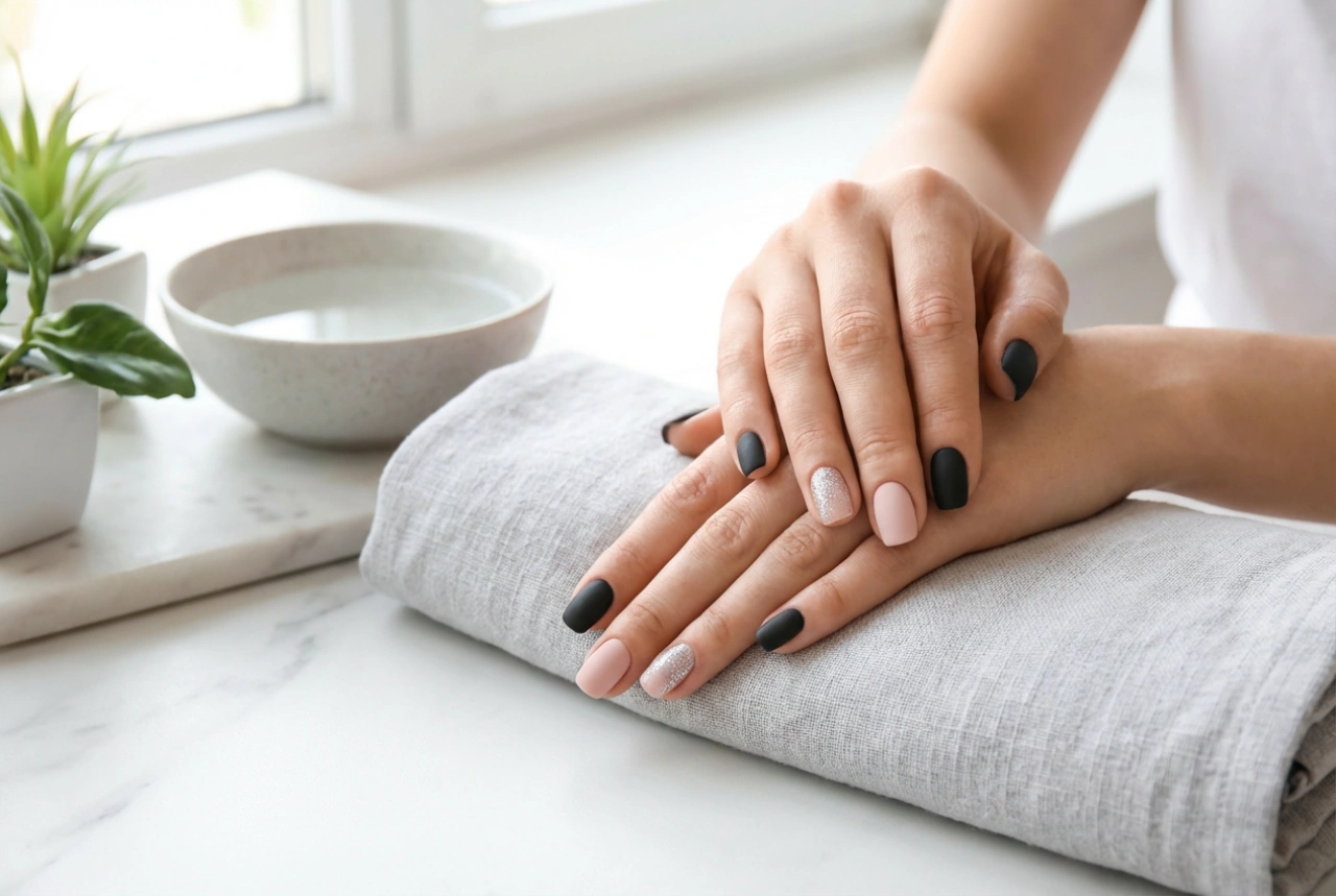 Sorte og lyserøde negle med glimmer: Sådan tilføjer du glans uden at overdrive