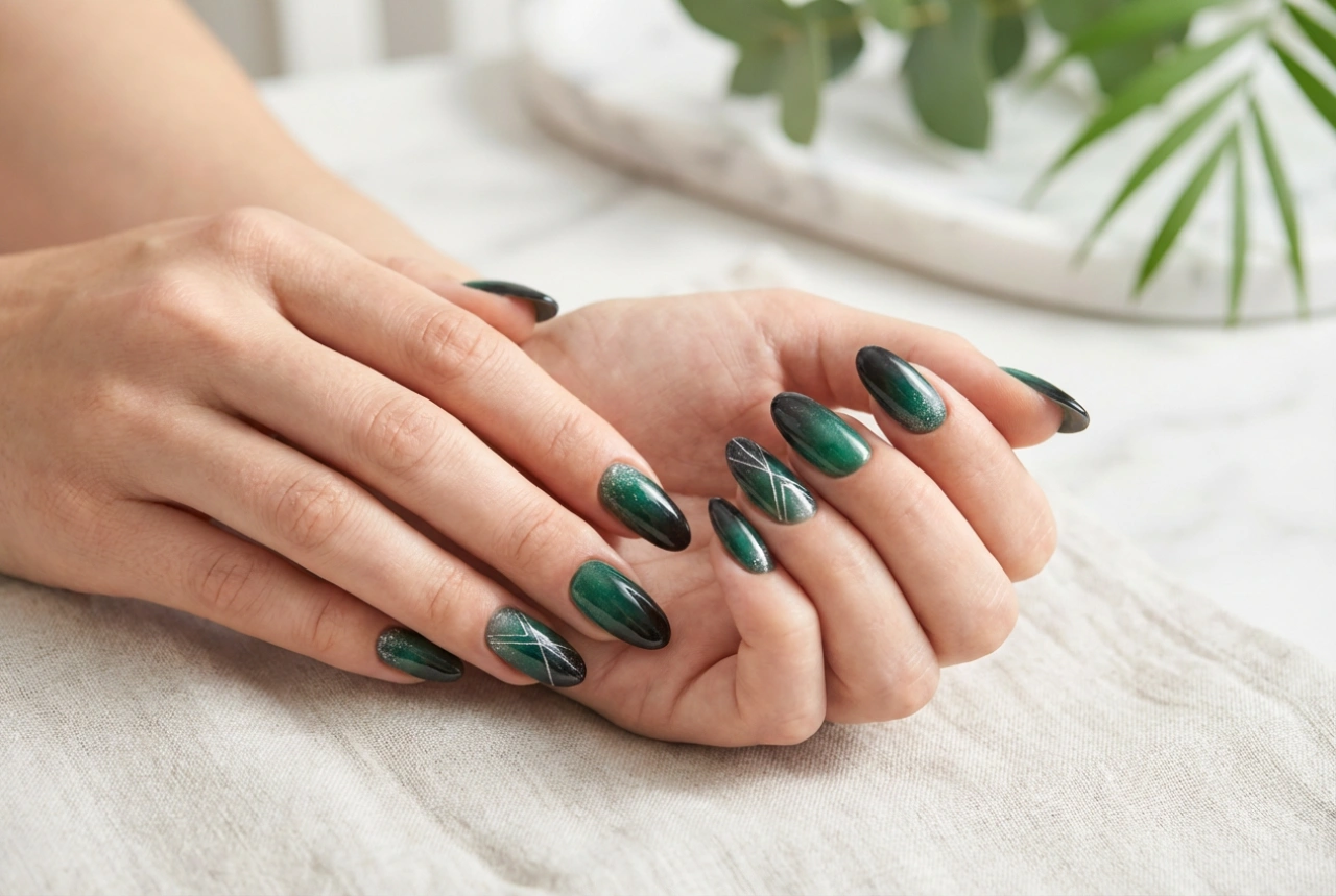 Sort-grønne negle: smokey ombre, glasstøv og geometriske linjer