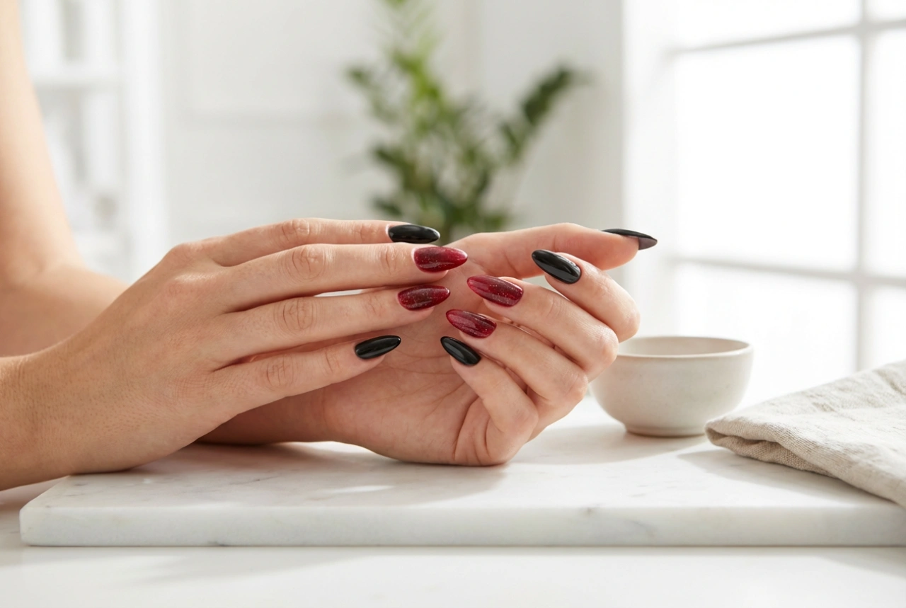 Sorte negle med rødt: enkle kombinations- og dekorationsteknikker