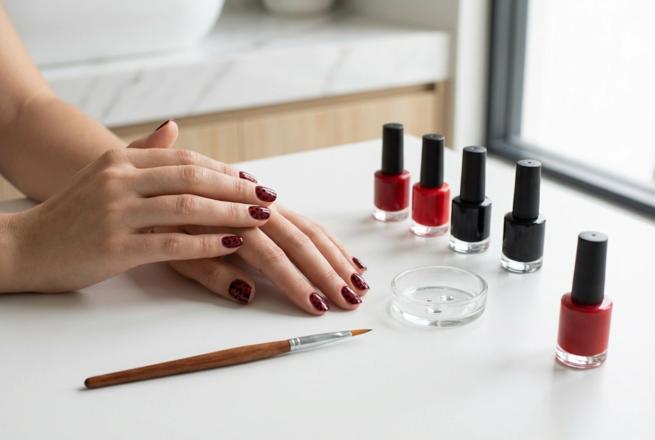 Røde negle med leopardprint trin for trin: enkle metoder og værktøjer