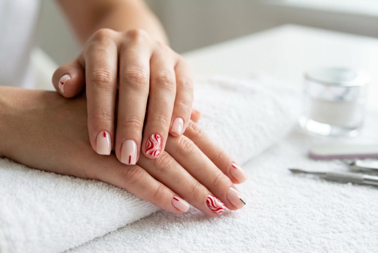 Røde og hvide negle: kontraster, mønstre og hurtige maleteknikker