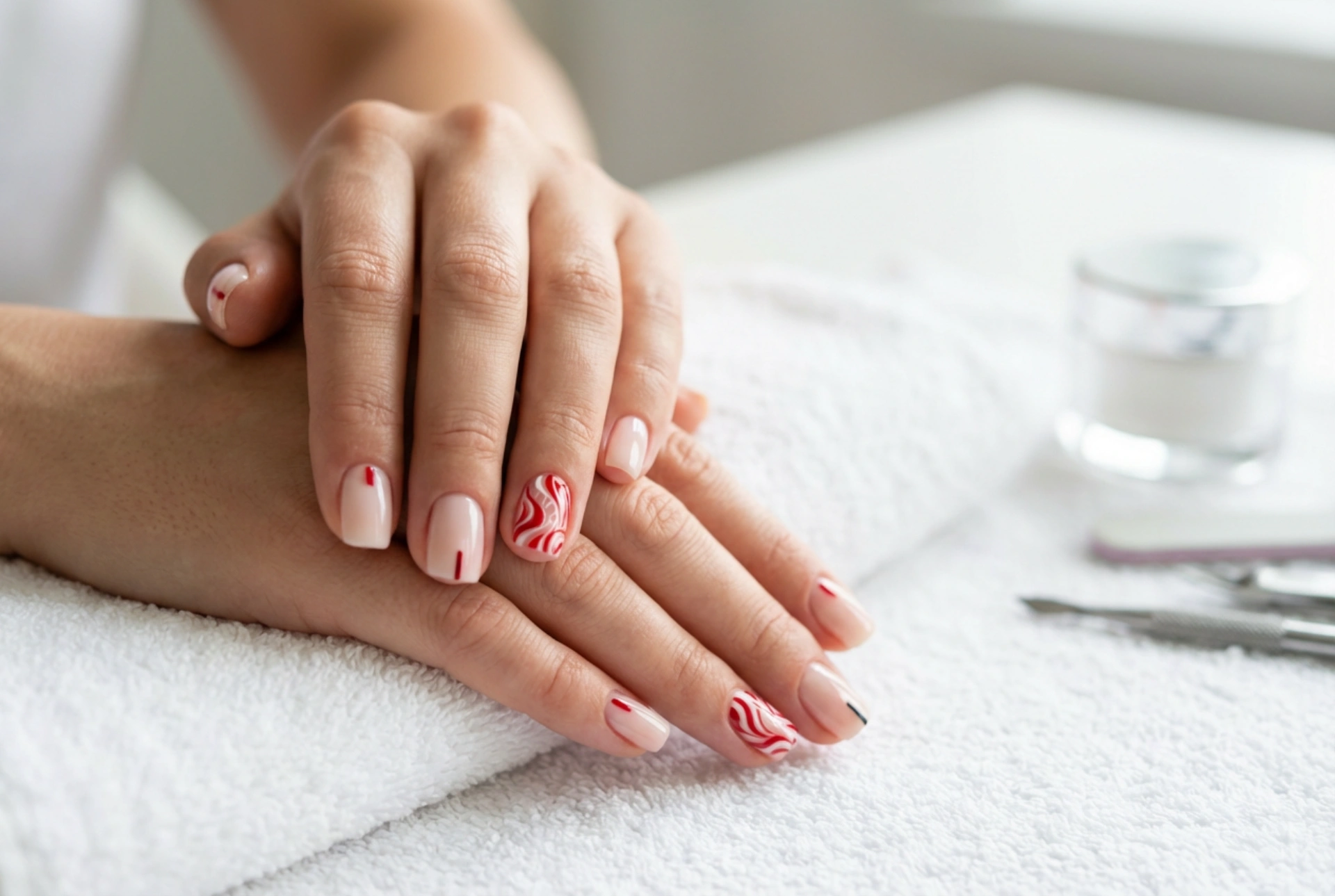 Røde og hvide negle: kontraster, mønstre og hurtige maleteknikker