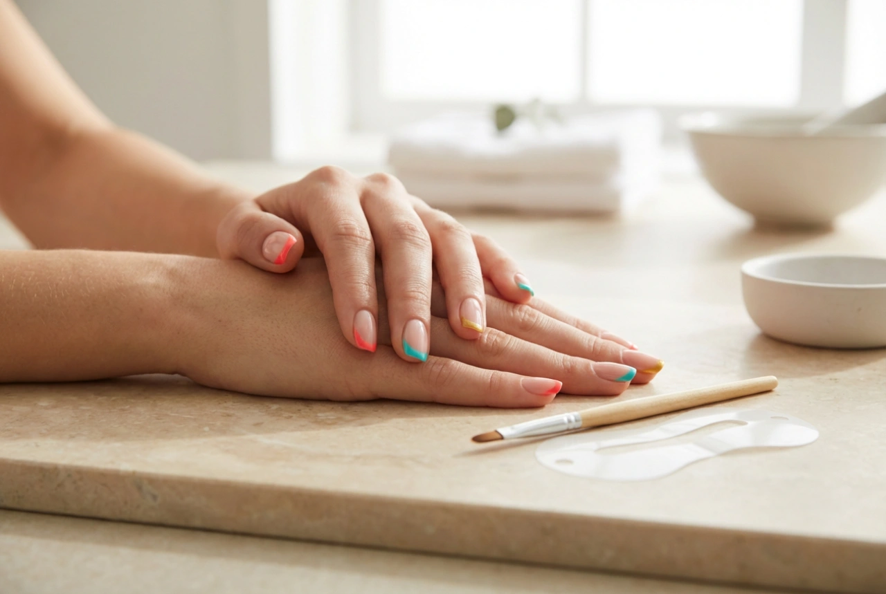 Farverig fransk manicure: Lige spidser, skabelon og pensel