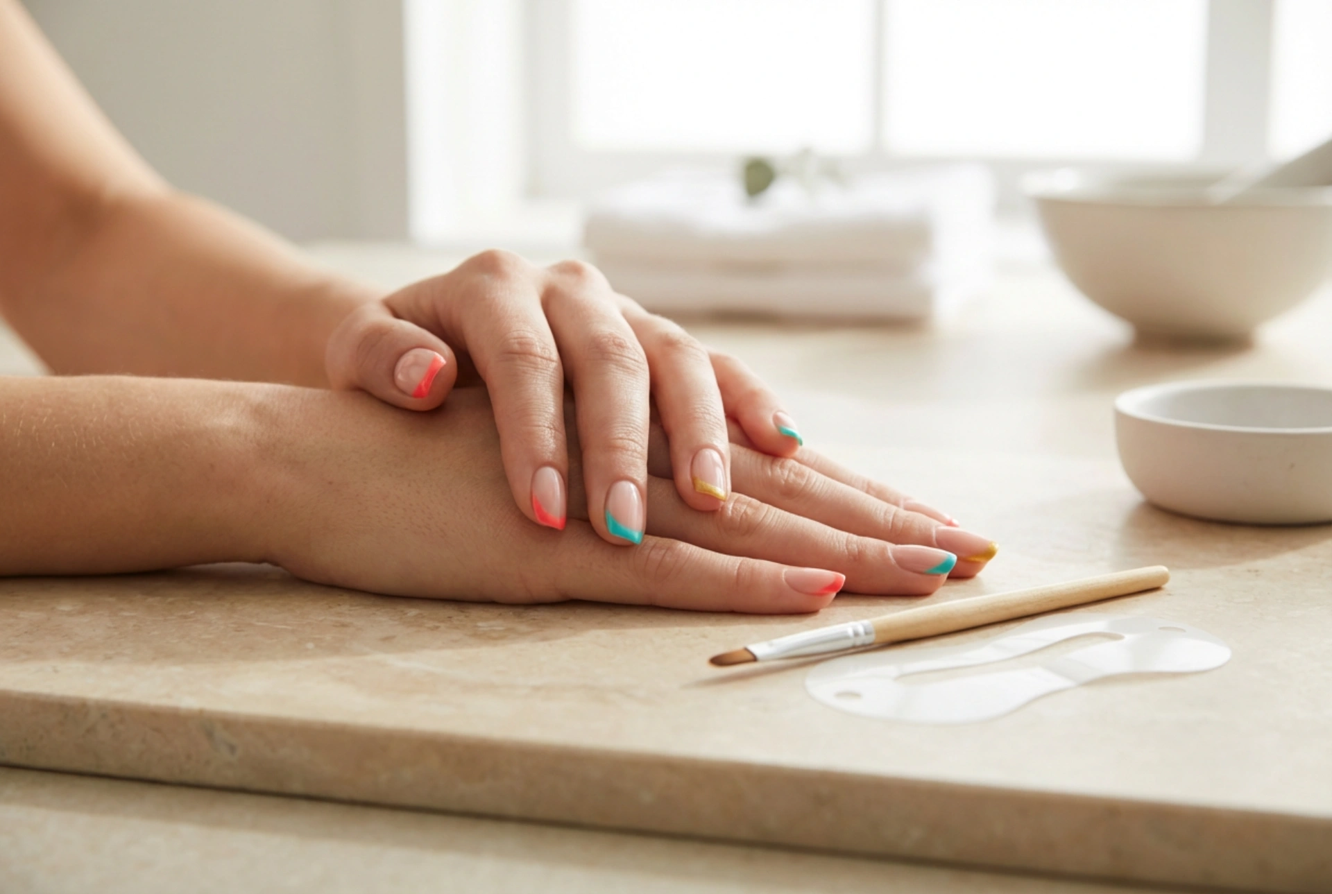 Farverig fransk manicure: Lige spidser, skabelon og pensel