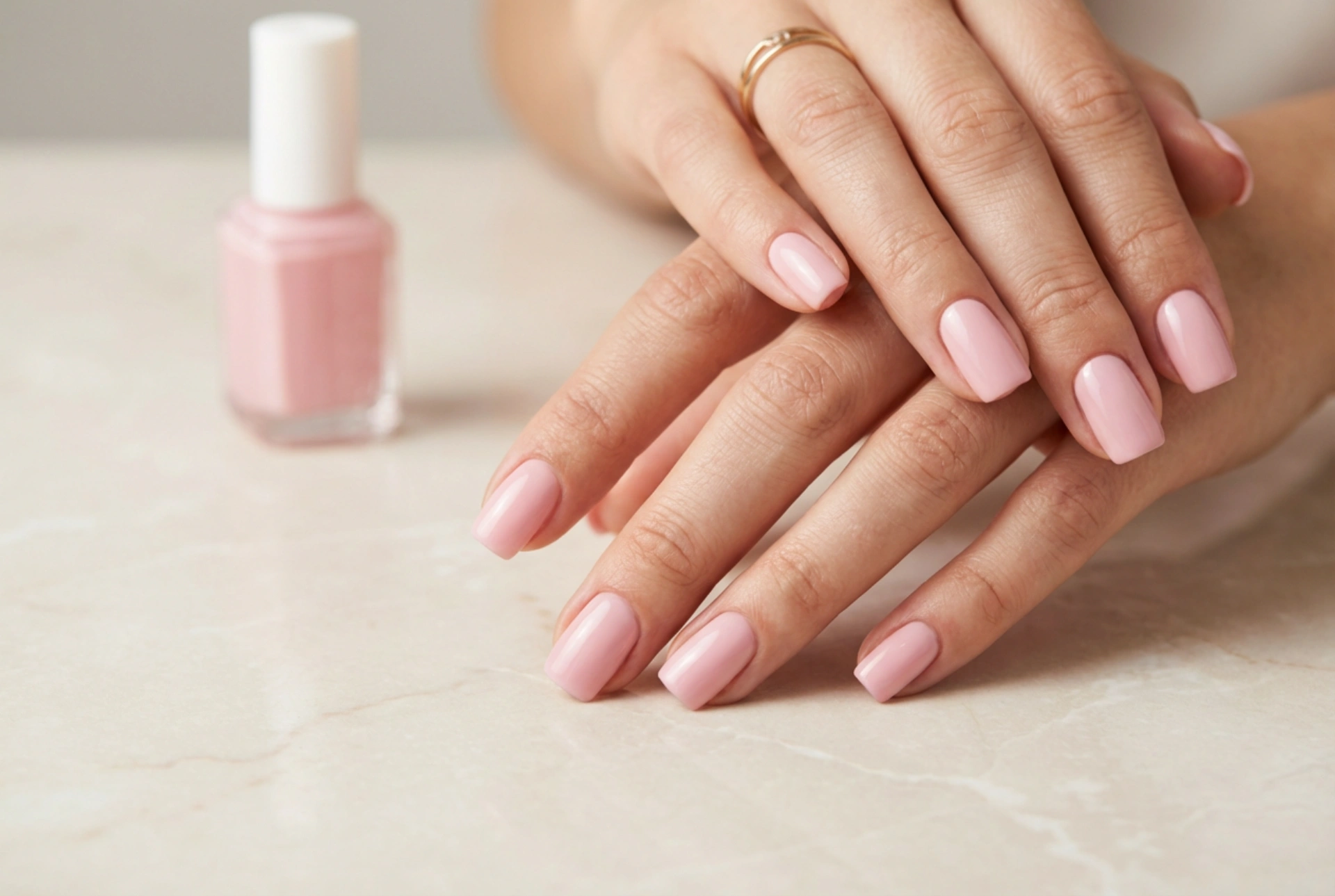 Firkantede lyserøde negle: en subtil manicure trin for trin