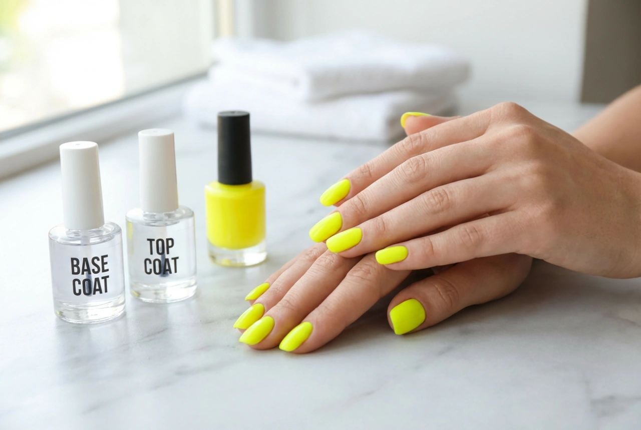 Neongule negle: Tricks til perfekt dækning, den rette base og topcoat