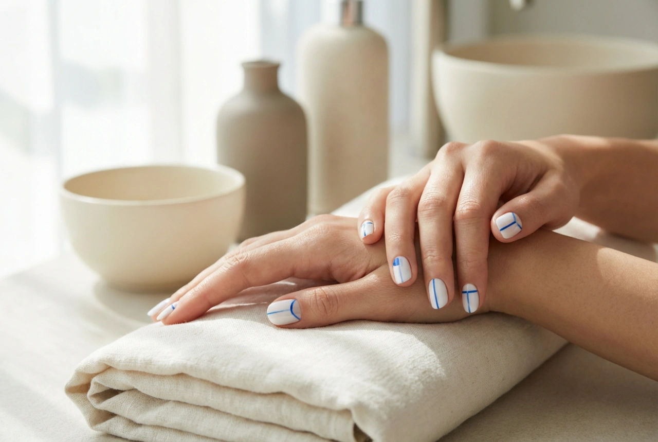 Blå og hvide negle: enkle designs og rene linjer