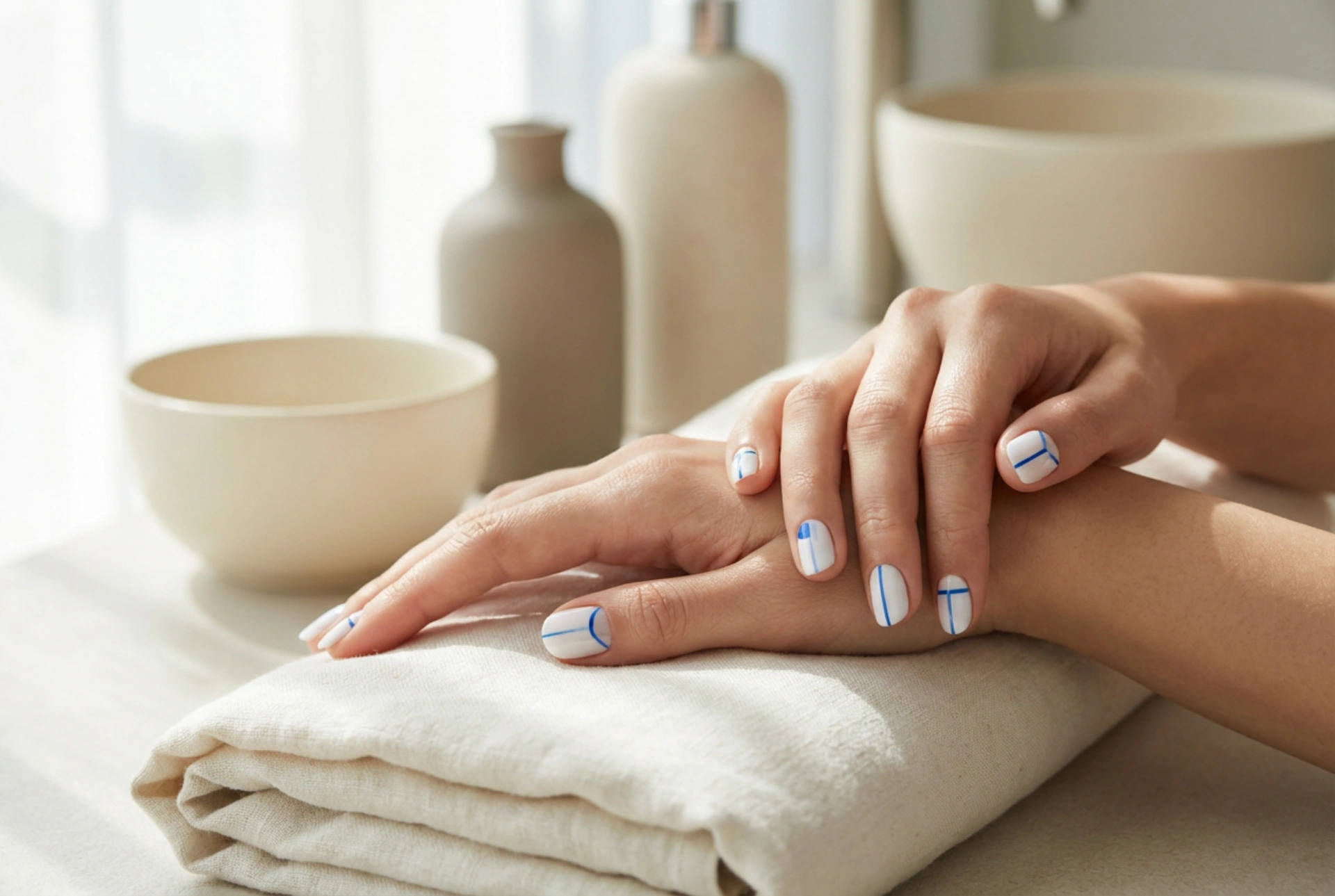 Blå og hvide negle: enkle designs og rene linjer
