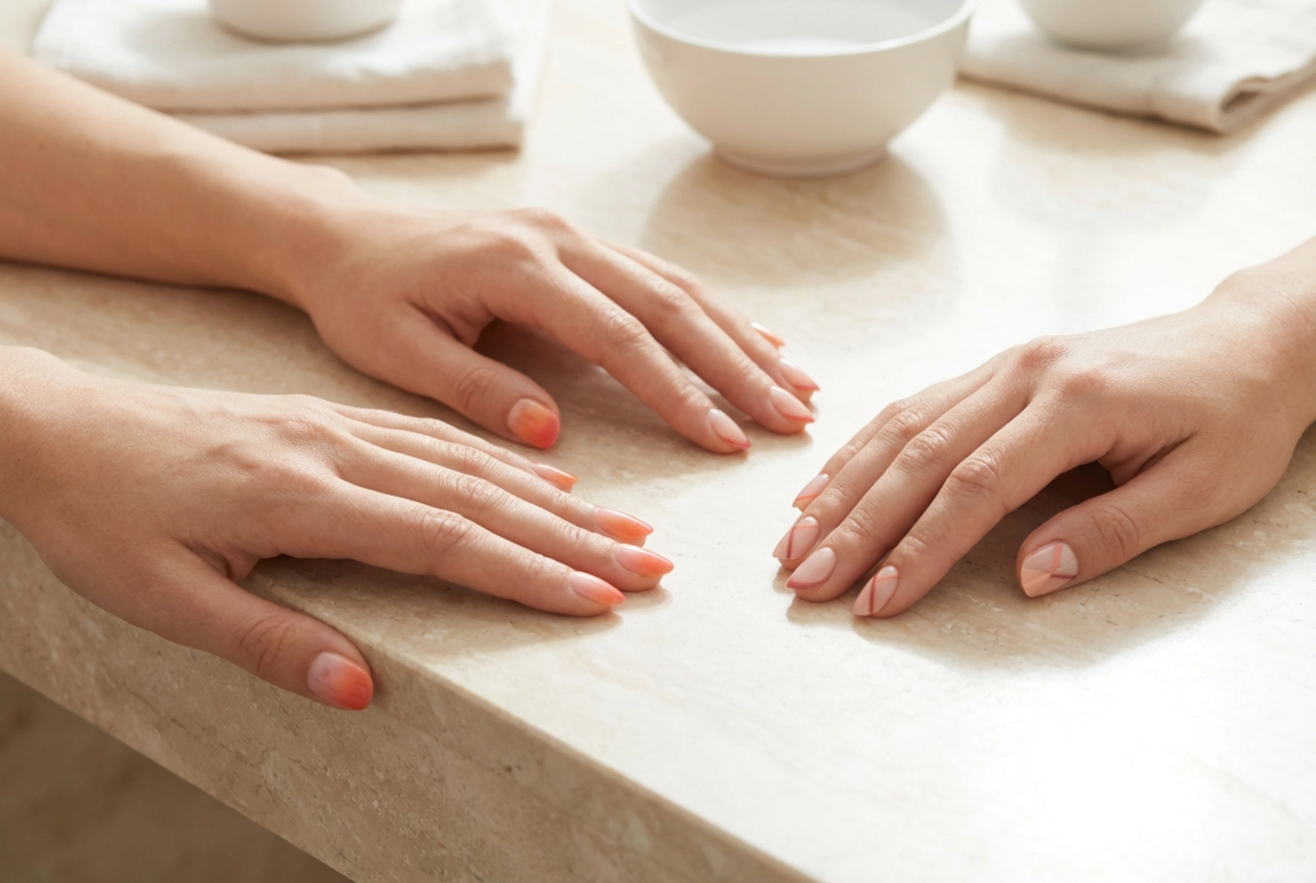 Orange og lyserøde negle: Ombre, french og geometriske mønstre