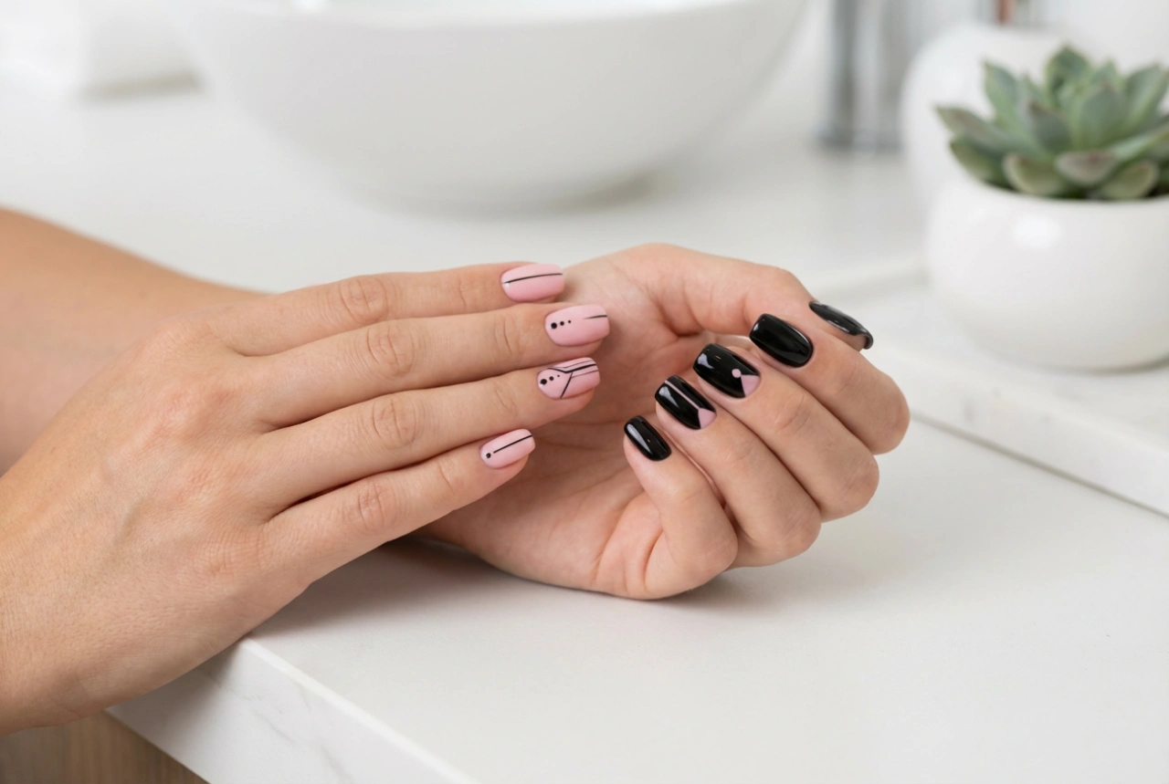 Lyserøde og sorte negle: idéer til kontraster og enkle teknikker