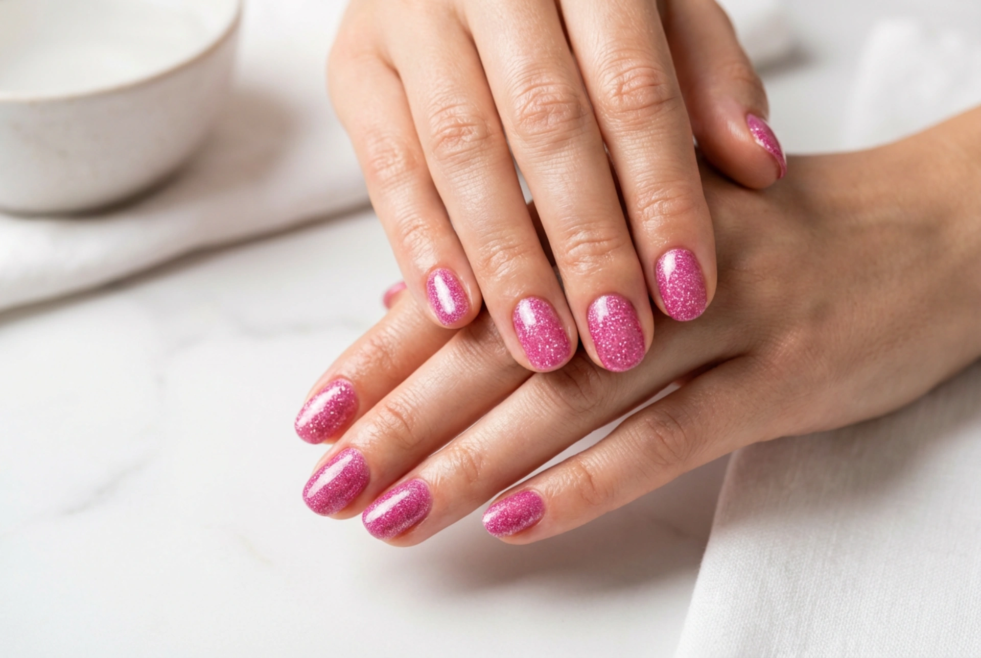 Pink glitternegle: jævn dækning og en skinnende topcoat
