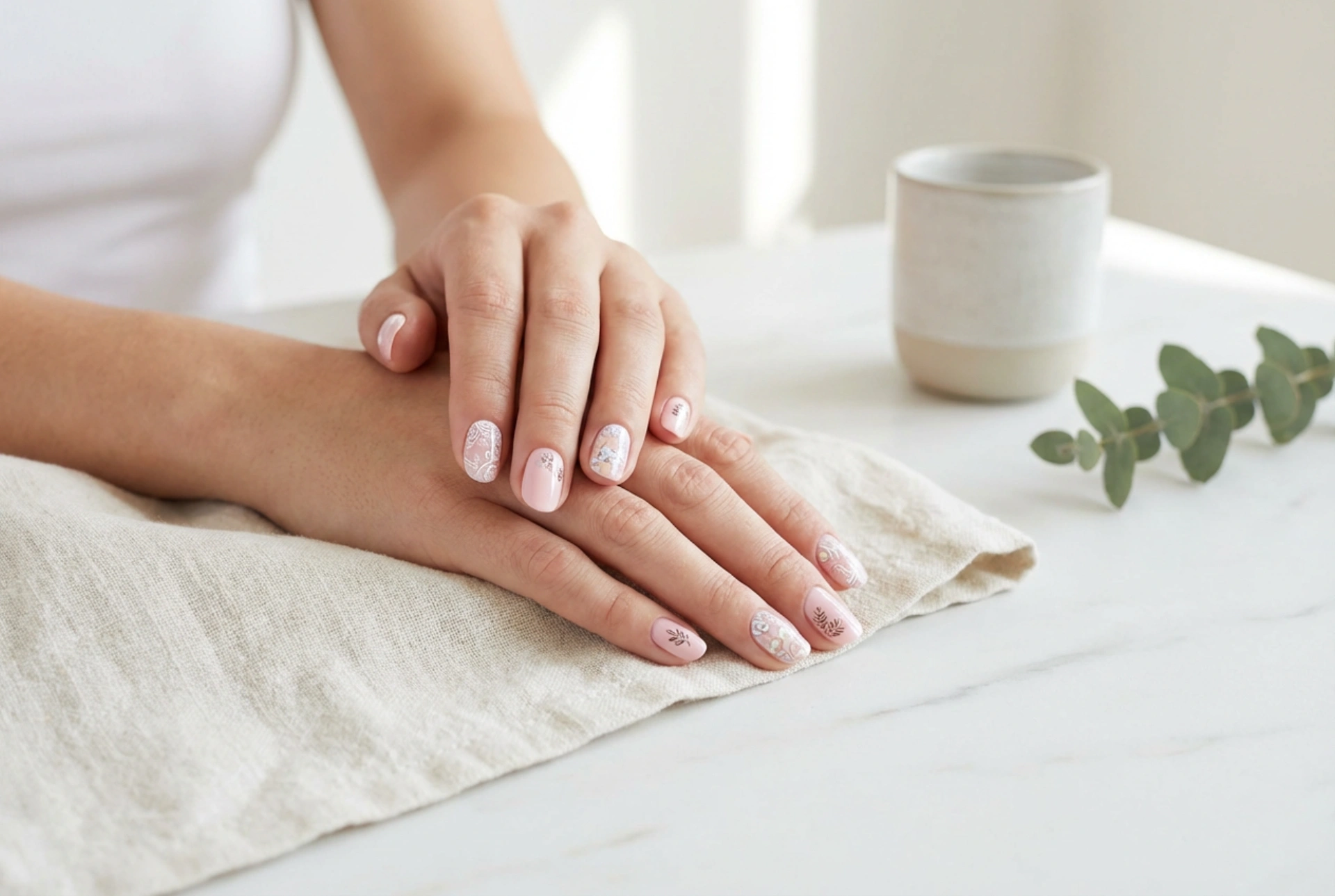 Lyserøde negle med blomster: Stempler, klistermærker og håndmaling