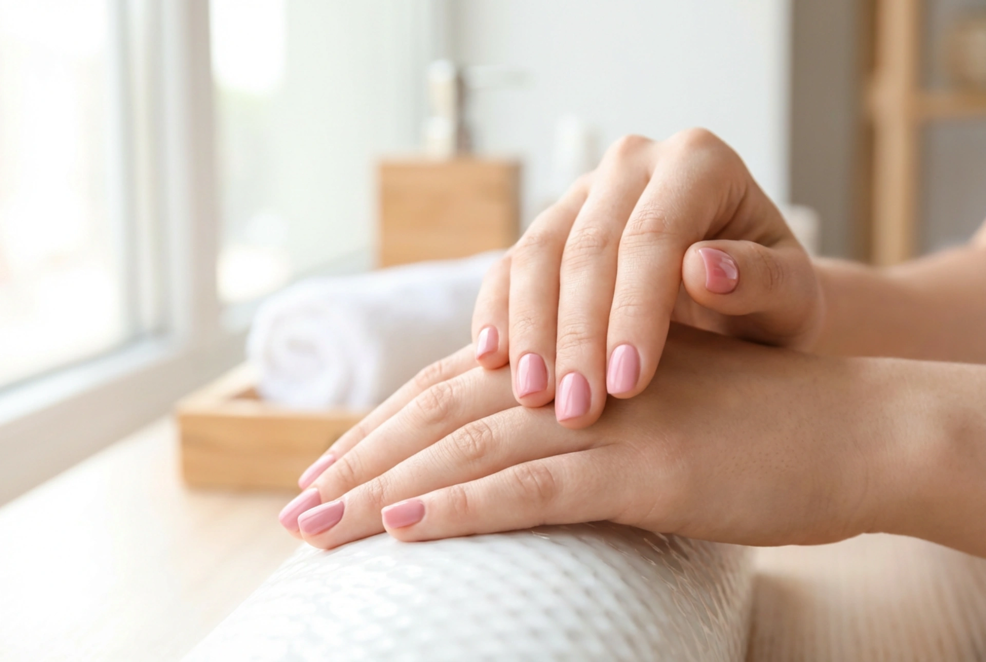 Lyserøde korte negle: optisk forlængelse og en ren kontur