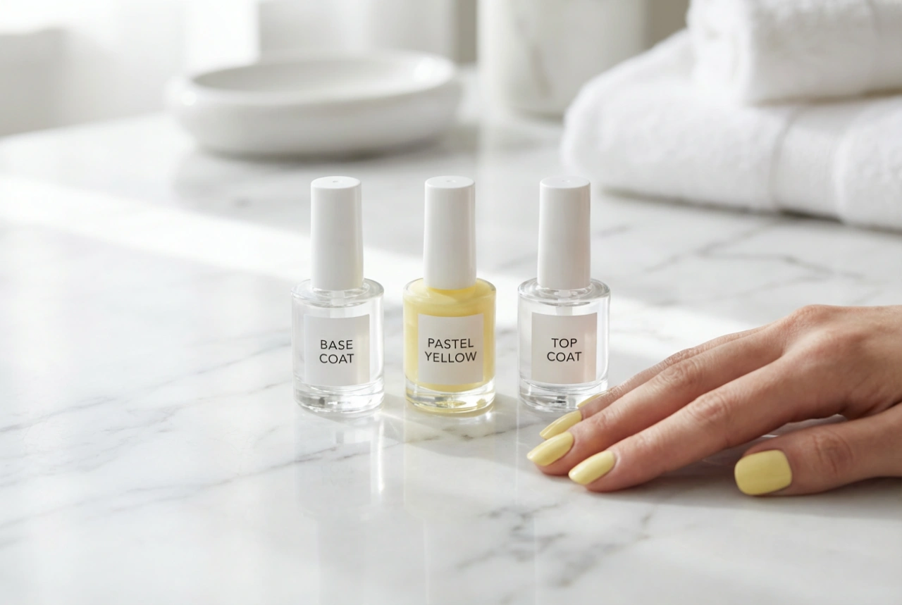 Gule pastelfarvede negle uden striber: base, lagdeling og topcoat