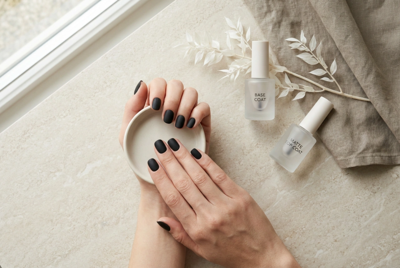 Sorte matte negle trin for trin: base coat, mat top coat og fiksering