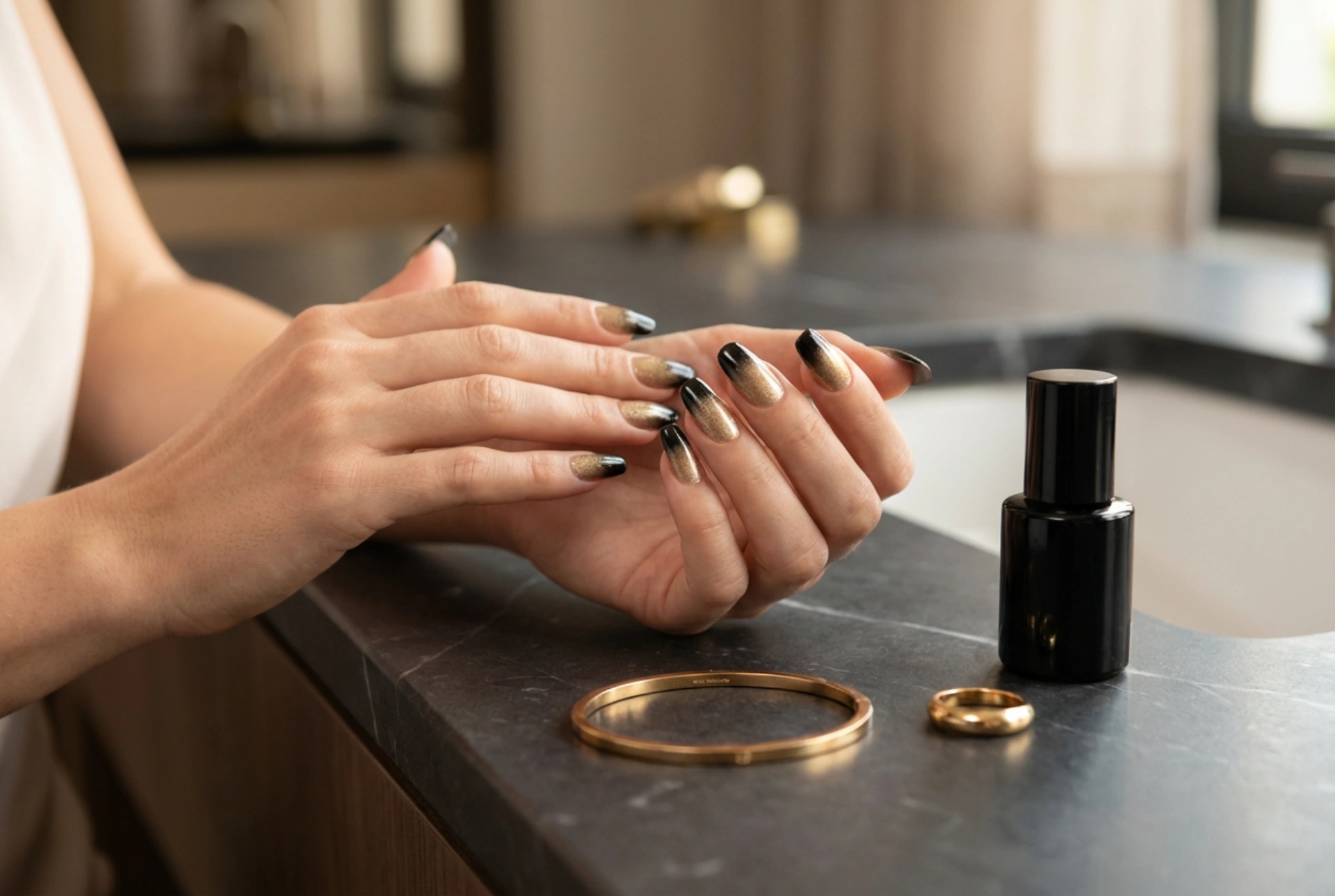 Sort og guld ombre negle: et elegant aftenlook