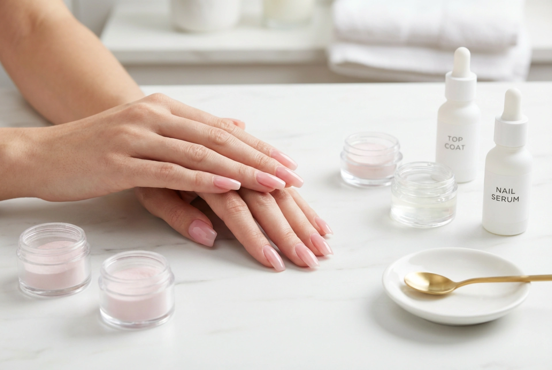 Lyserøde skinnende negle: glaseffekt, neglepulver og topcoats