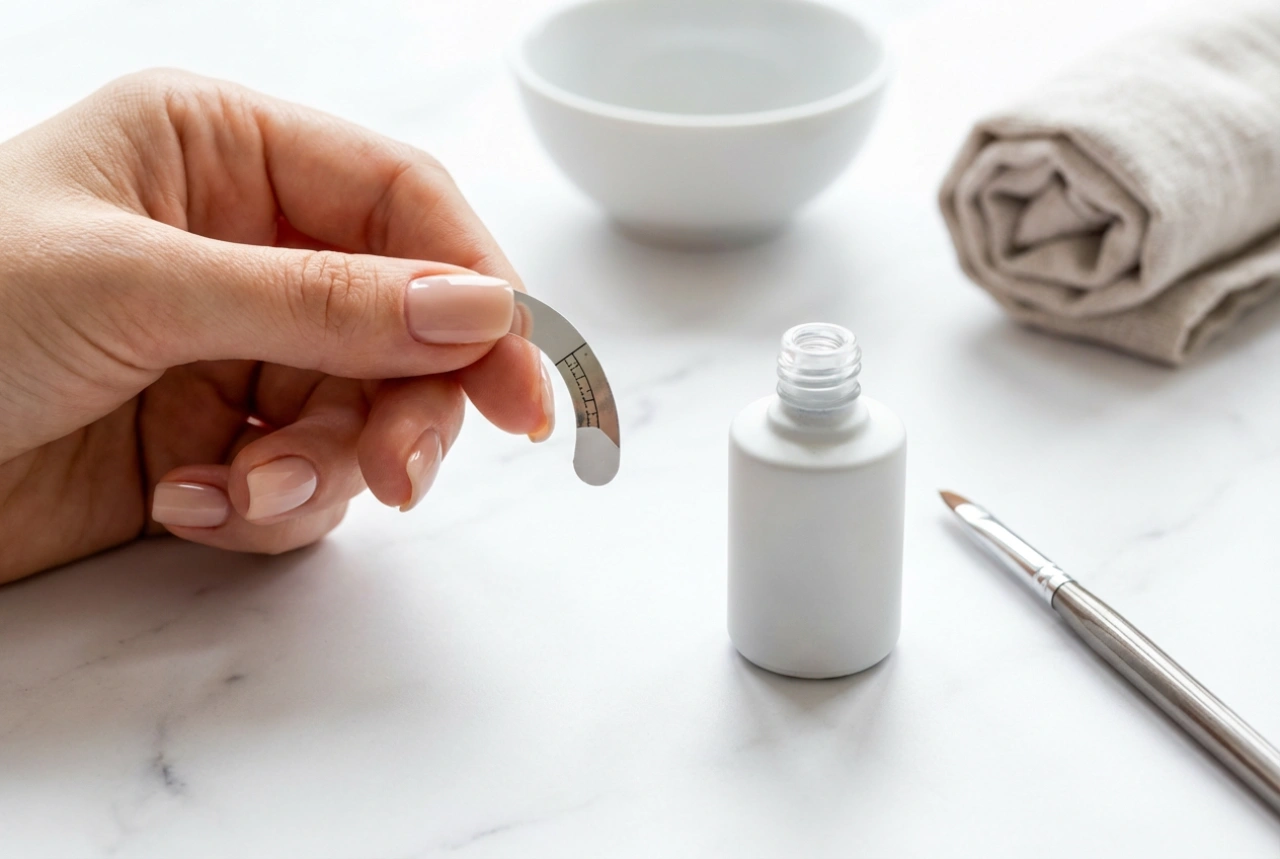 Hvid hybridlak til fransk manicure: smilelinje, pensel og skabeloner