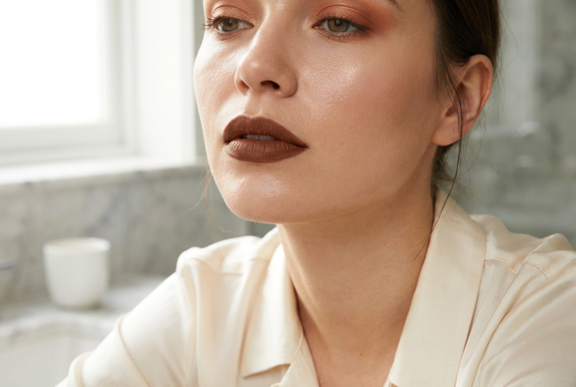 Brun læbestift: moderne kombinationer med øjenmakeup og hudtone